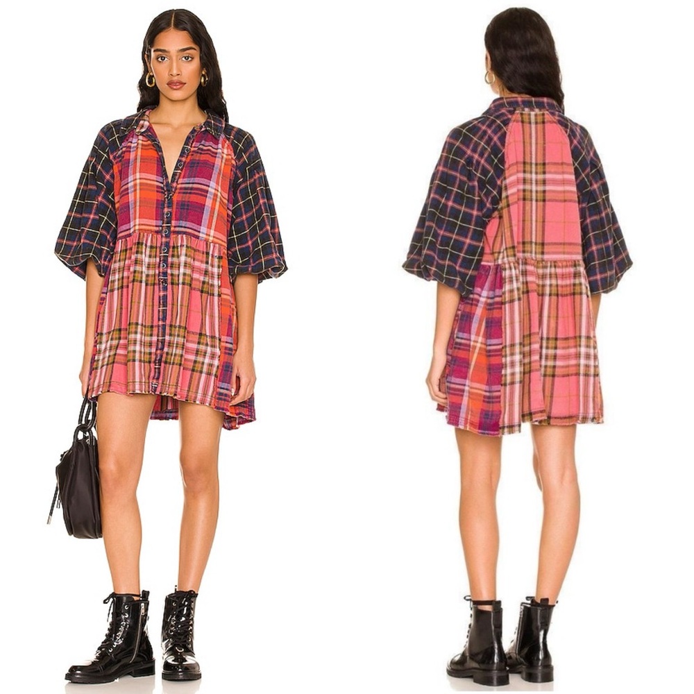 Free People We The Free Moon Bay Mixed Plaid Top in Berry Combo